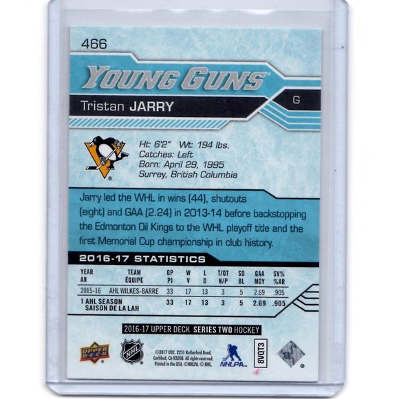 Tristan Jarry Young Guns Upper Deck Rookie Card 2016/17 #466 Pittsburgh Penguins - Picture 2 of 4